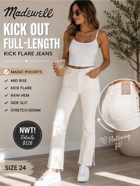 NWT Madewell Kick Out Full-Length Jeans Cream Ivory Raw Hem Slit W24